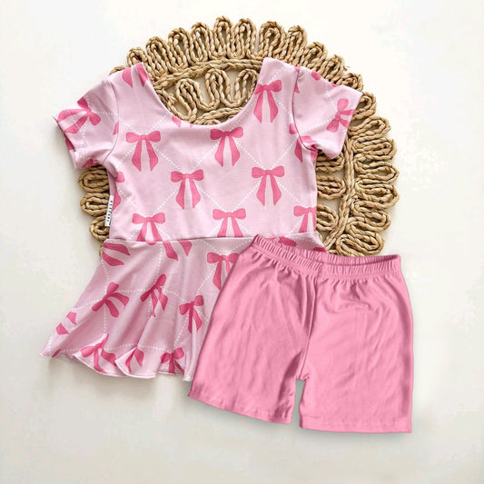 (Pre-order)GSSO1472  Bows Top Pink Shorts Girls Summer Clothes Set