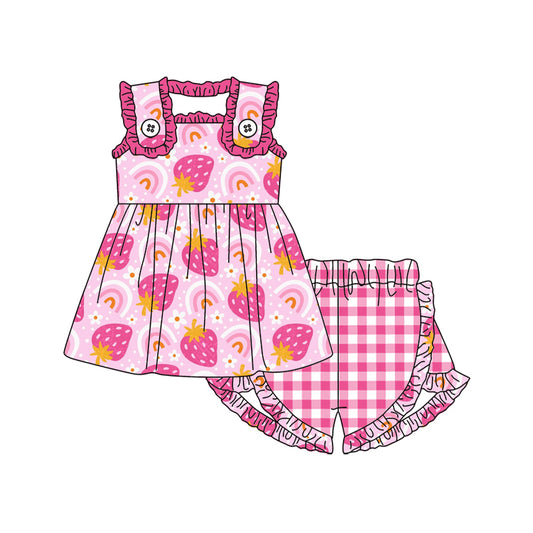 (Pre-order)GSSO1473  Strawberry Rainbow Flowers Top Plaid Shorts Girls Summer Clothes Set