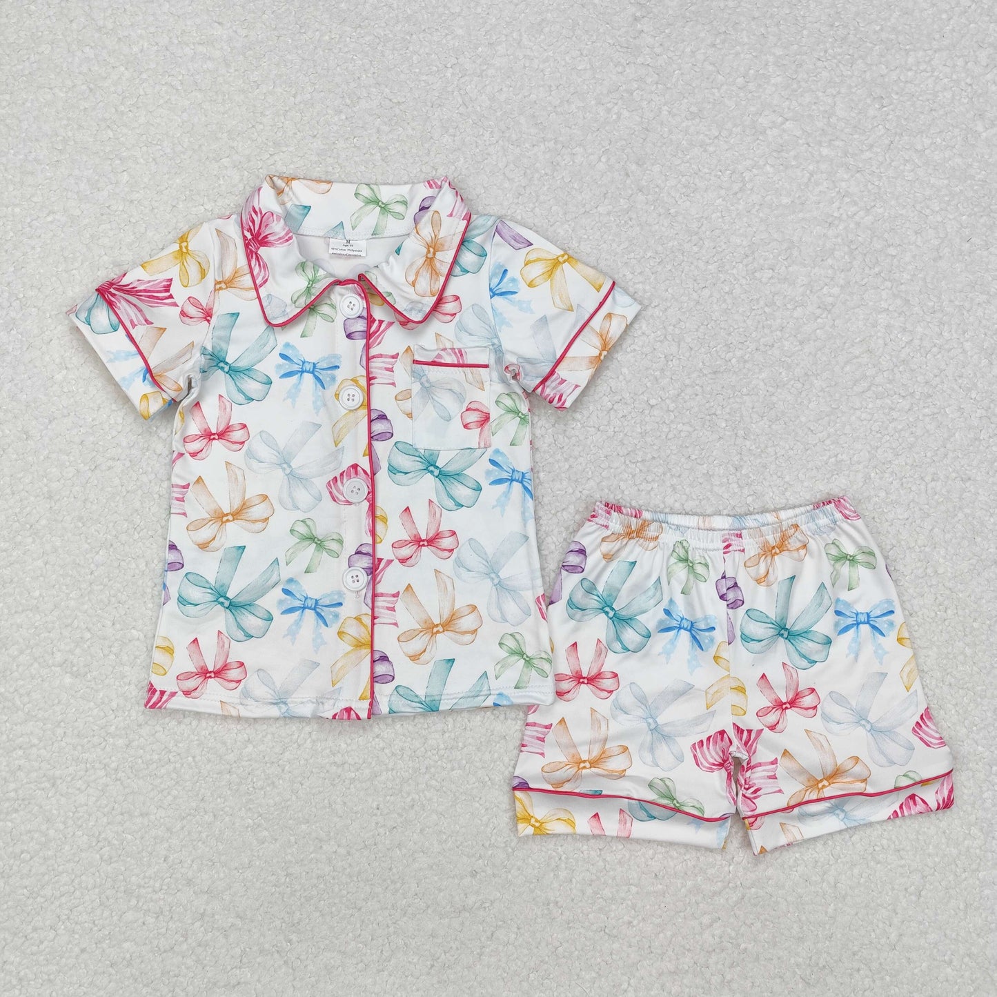 GSSO1478 Colorful Bows Print Girls Summer Buttons Pajamas Clothes Set