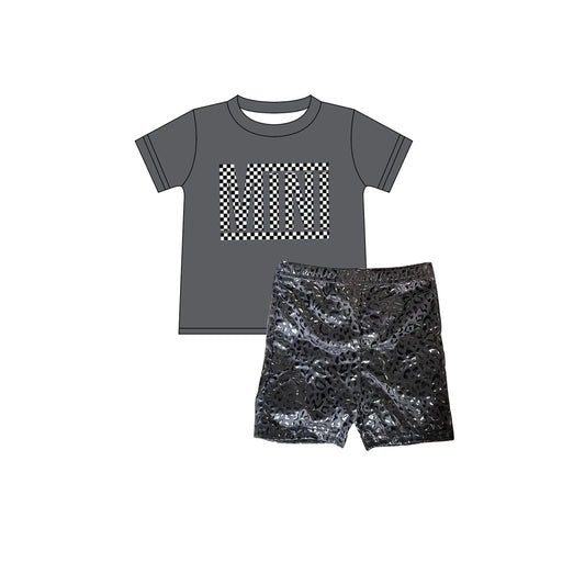 (Pre-order)GSSO1483  MINI Gray Top Black Leopard Shorts Girls Summer Clothes Set