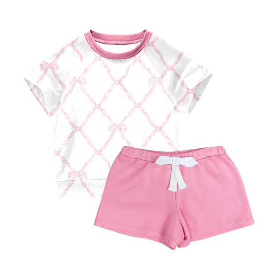 (Pre-order)GSSO1496  Bows Top Pink Shorts Girls Summer Clothes Set