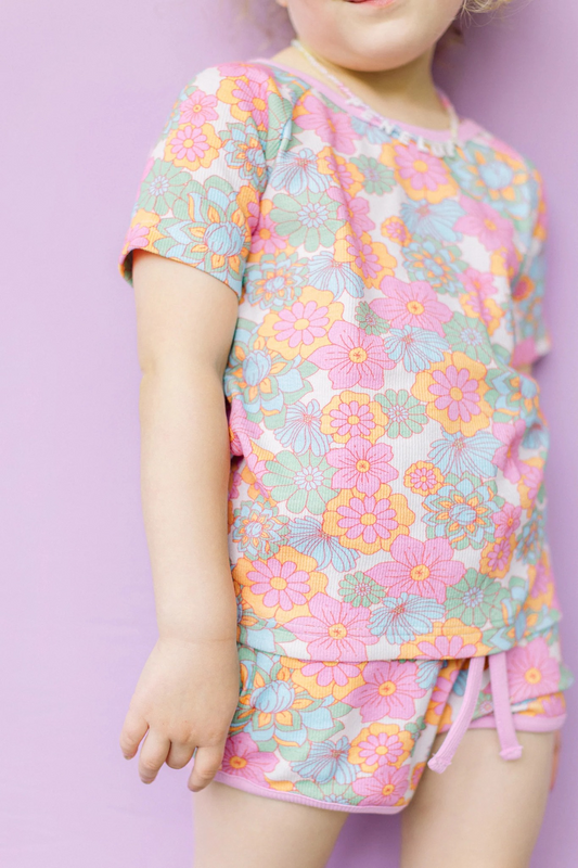 (Pre-order)GSSO1502  Colorful Flowers Print Girls Summer Pajamas Clothes Set