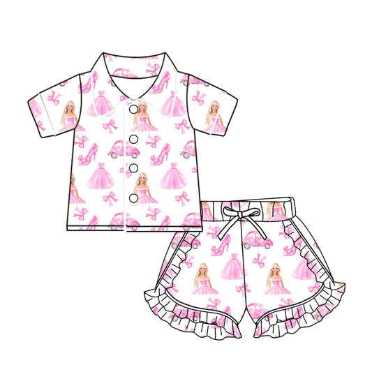 (Pre-order)GSSO1503  Pink BA Bows Print Girls Summer Pajamas Clothes Set