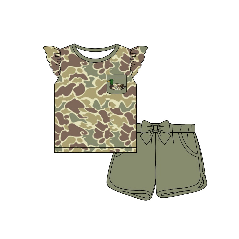 (Pre-order)GSSO1505  Duck Green Camo Pocket Top Shorts Girls Summer Hunting Clothes Set