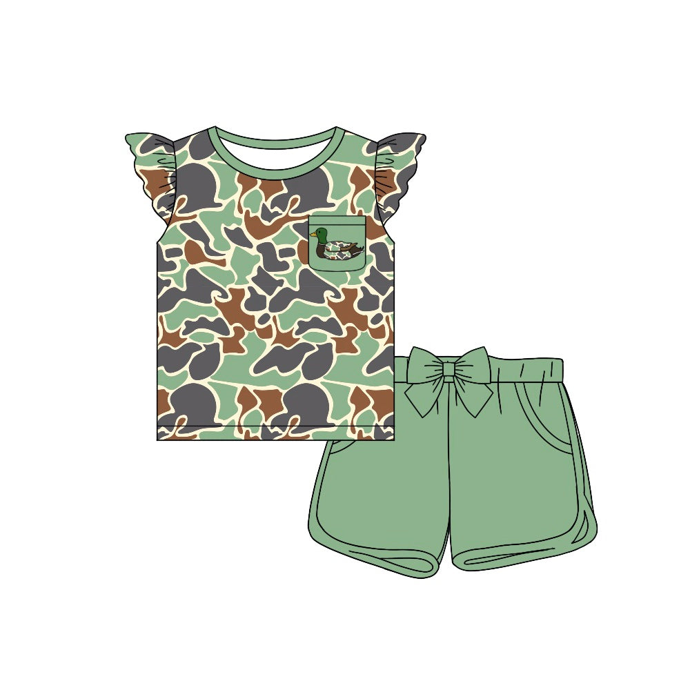 (Pre-order)GSSO1507  Duck Green Camo Pocket Top Shorts Girls Summer Hunting Clothes Set