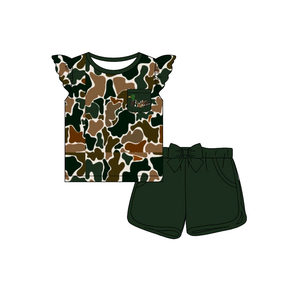 (Pre-order)GSSO1509  Duck Brown Camo Pocket Top Shorts Girls Summer Hunting Clothes Set