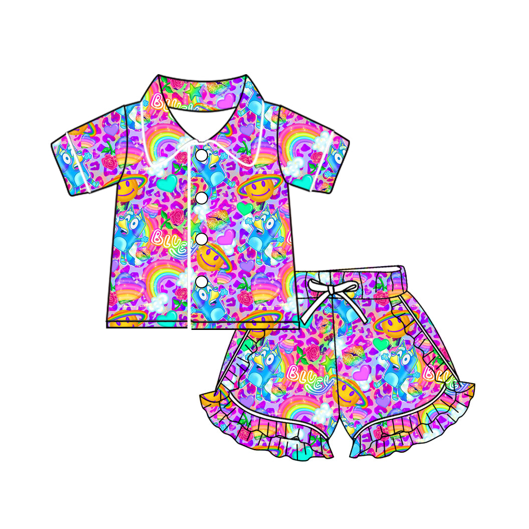 (Pre-order)GSSO1513  Cartoon Dog Rainbow Leopard Print Girls Summer Pajamas Clothes Set