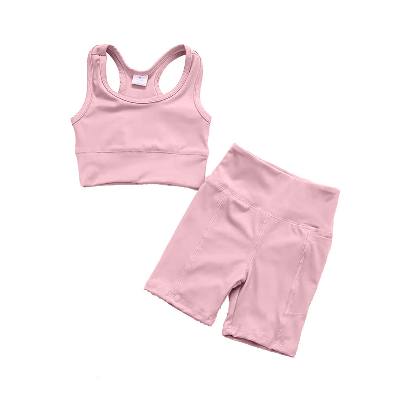 (Pre-order)GSSO1518  Light Pink Color Girls Summer Athletic Clothes Set