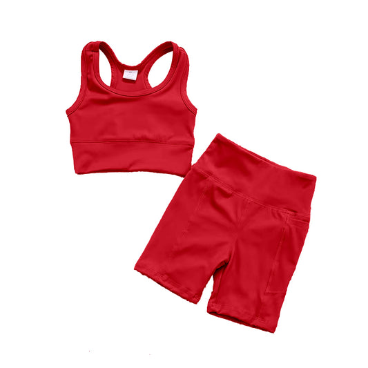 (Pre-order)GSSO1519  Red Color Girls Summer Athletic Clothes Set