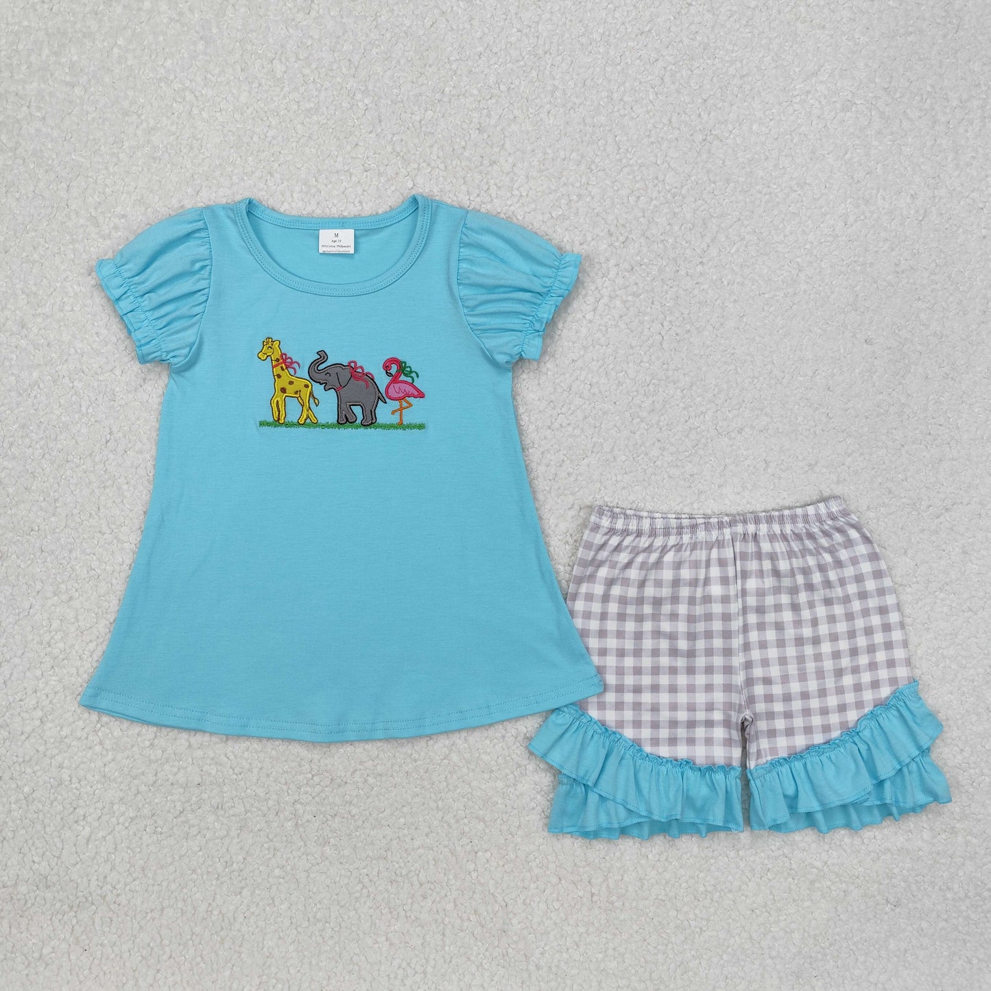 GSSO1520 Animals Embroidery Blue Top Plaid Shorts Girls Summer Clothes Set