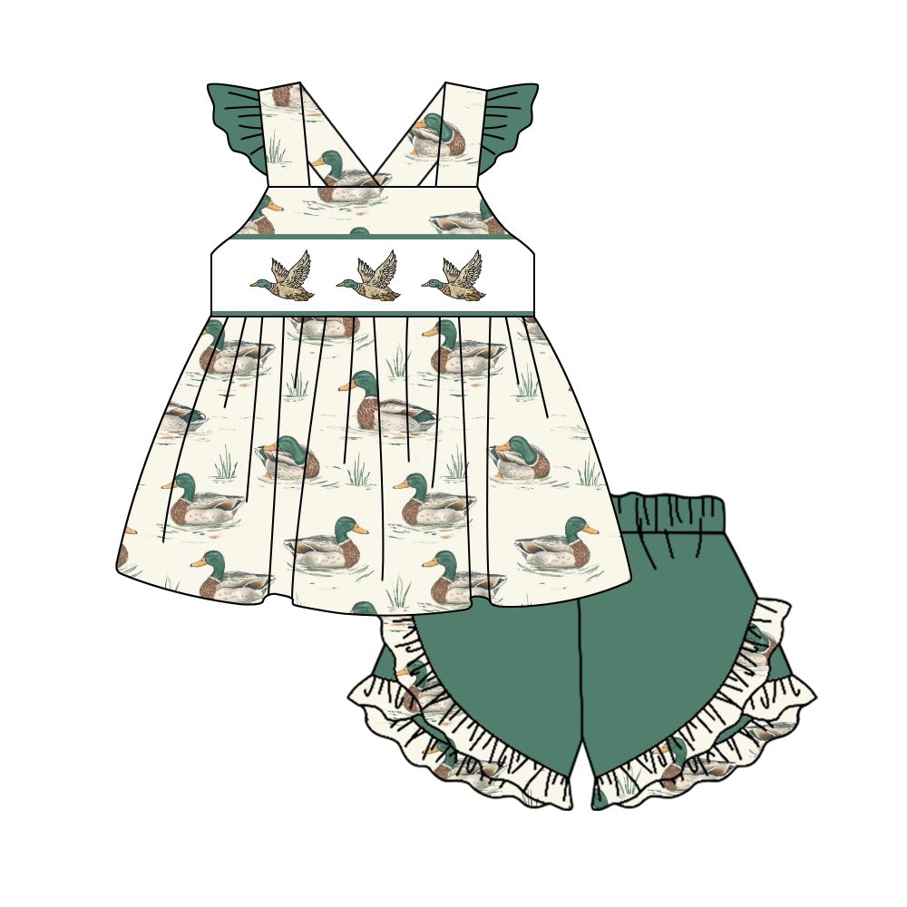 (Pre-order)GSSO1522 Duck Tunic Top Green Shorts Girls Summer Clothes Set