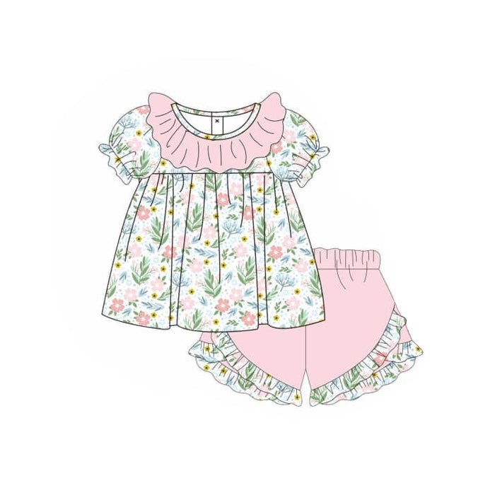 (Pre-order)GSSO1529 Flowers Tunic Top Pink Shorts Girls Summer Clothes Set