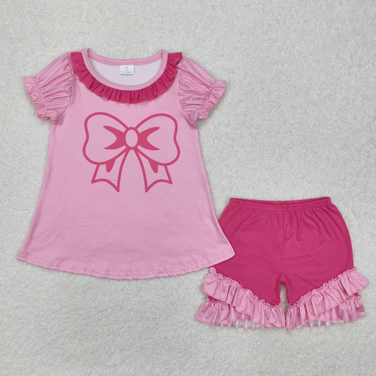 GSSO1531 Pink Bow Top Ruffle Shorts Girls Summer Clothes Set