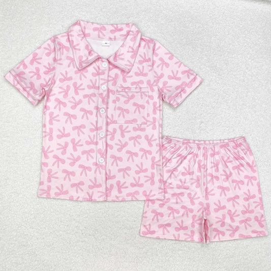 GSSO1535 Pink Bows Print Adult Summer Buttons Pajamas Clothes Set