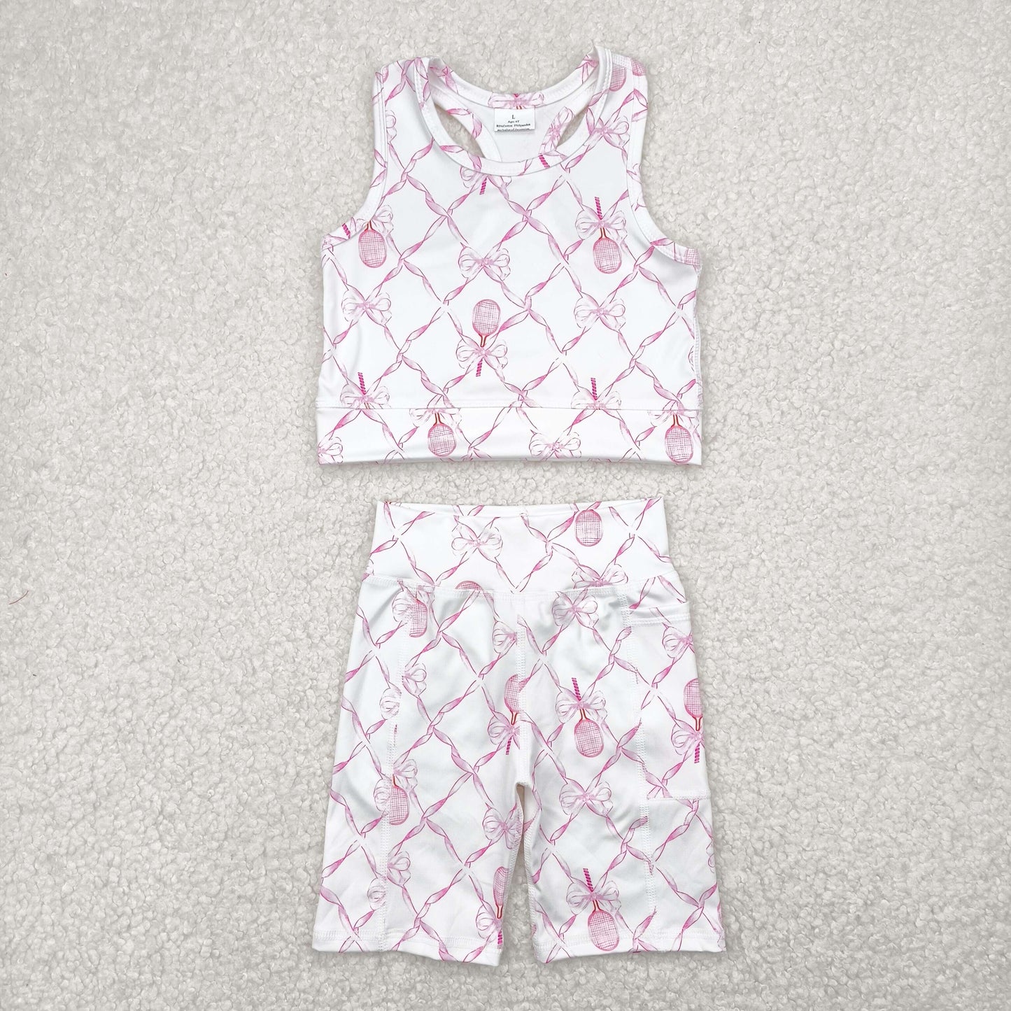 GSSO1544  Pink Tennis Bows Tank Top Shorts Girls Summer Yoga Clothes Set