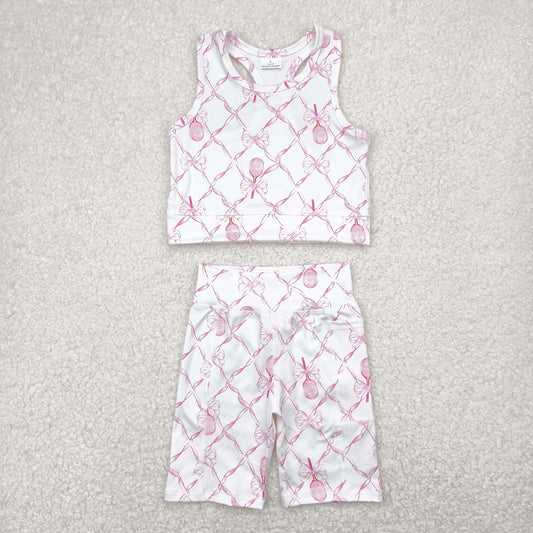 GSSO1544  Pink Tennis Bows Tank Top Shorts Girls Summer Yoga Clothes Set