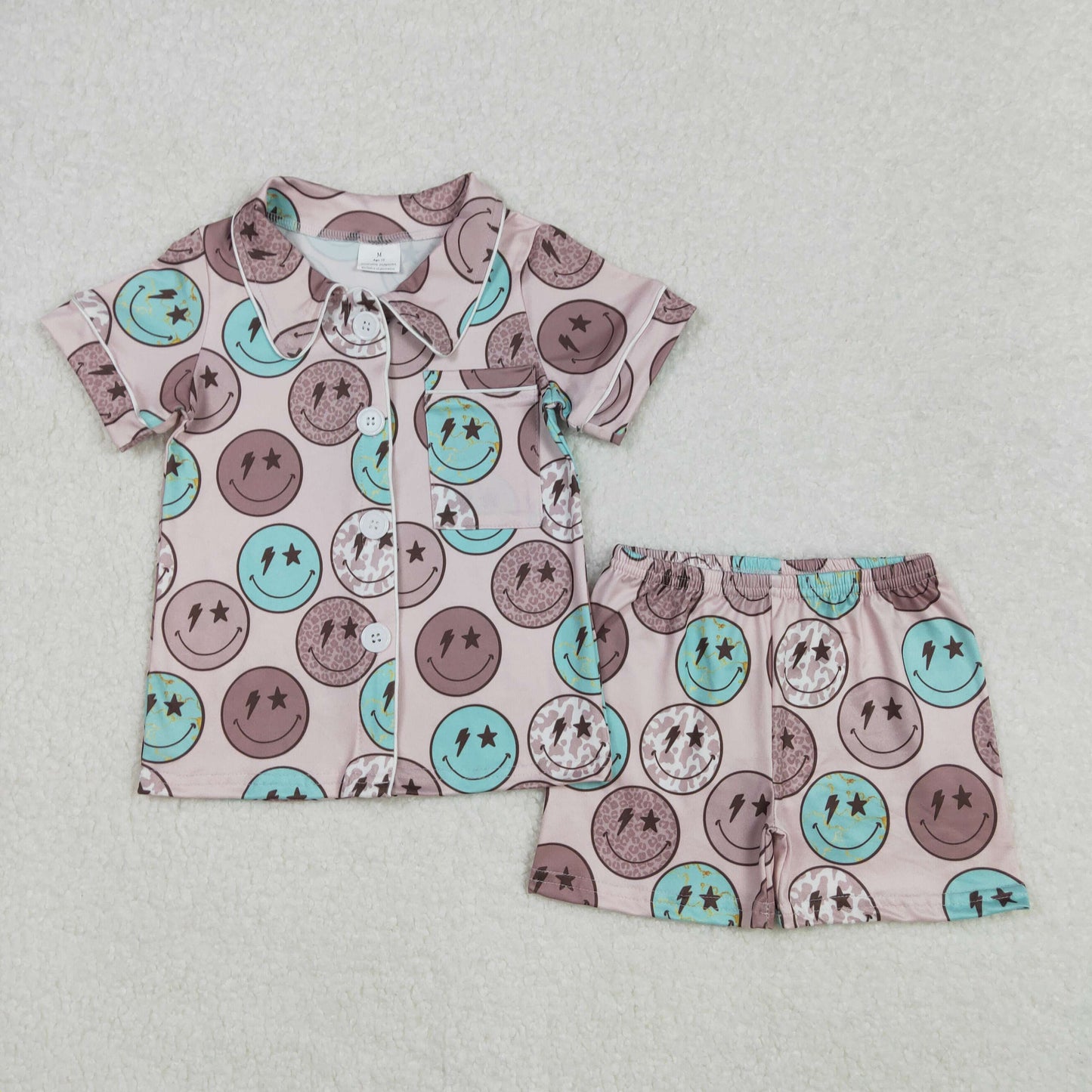 Smiling Face Brown Print Mom and Me Summer Buttons Pajamas Matching Clothes Set