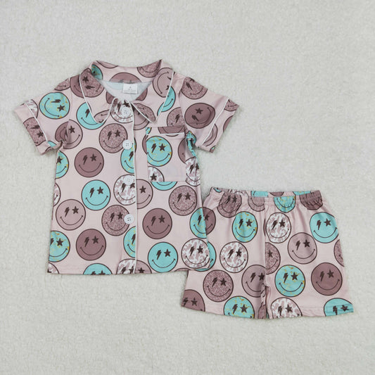 GSSO1545  Smiling Face Brown Print Kids Western Summer Buttons Pajamas Clothes Set