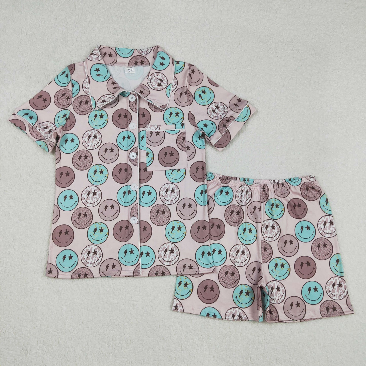 Smiling Face Brown Print Mom and Me Summer Buttons Pajamas Matching Clothes Set