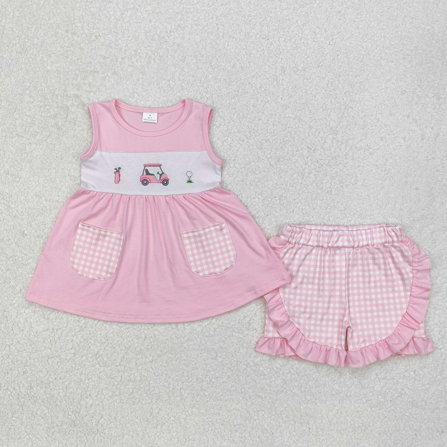 GSSO1554 Golf Embroidery Pink Pockets Tunic Top Plaid Shorts Girls Summer Clothes Set