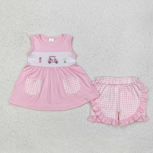 GSSO1554 Golf Embroidery Pink Pockets Tunic Top Plaid Shorts Girls Summer Clothes Set