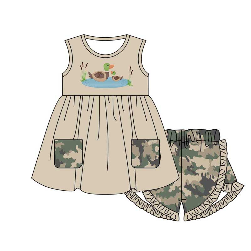 (Pre-order)GSSO1555 Duck Khaki Pockets Tunic Top Camo Shorts Girls Summer Clothes Set