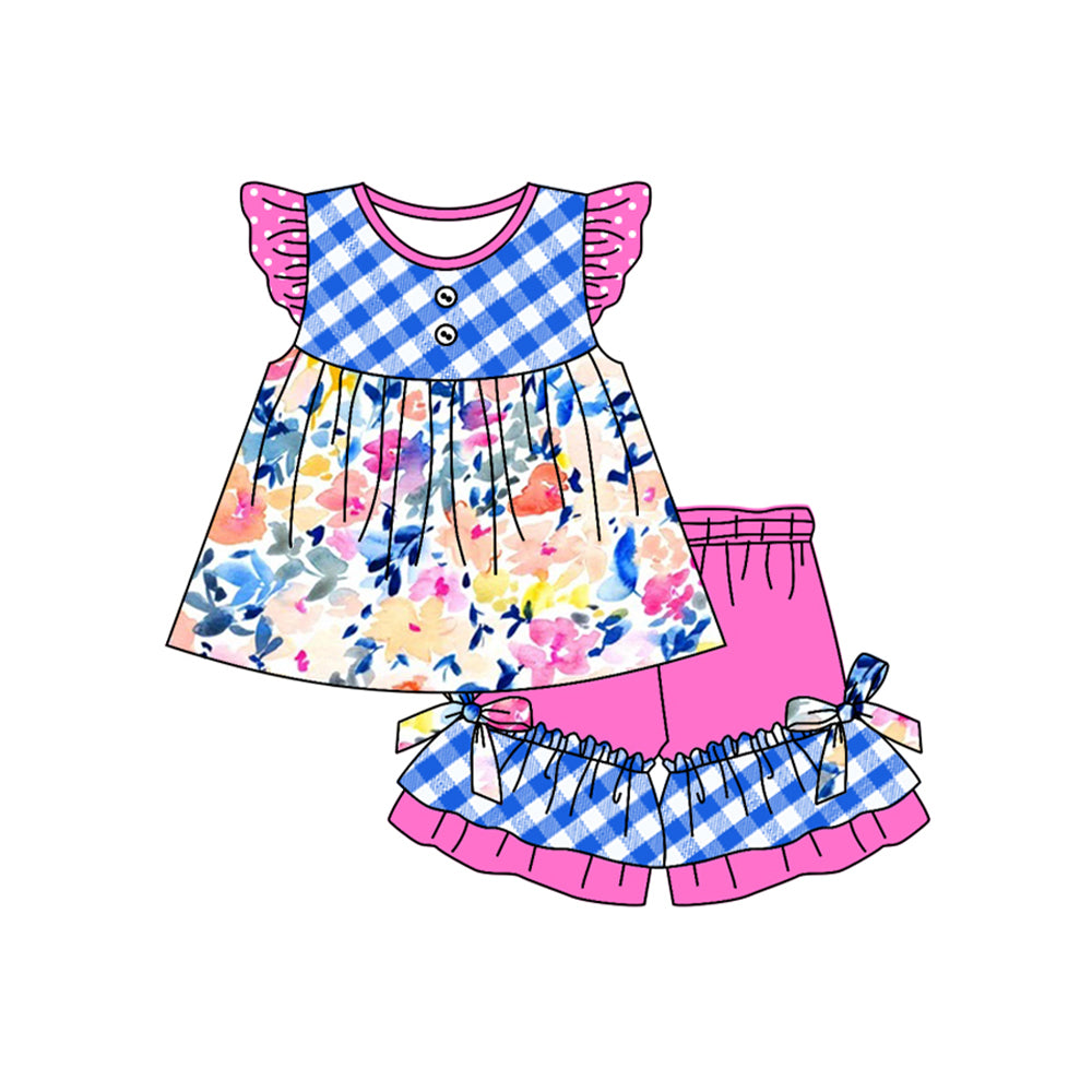 (Pre-order)GSSO1559 Flowers Tunic Top Hotpink Shorts Girls Summer Clothes Set