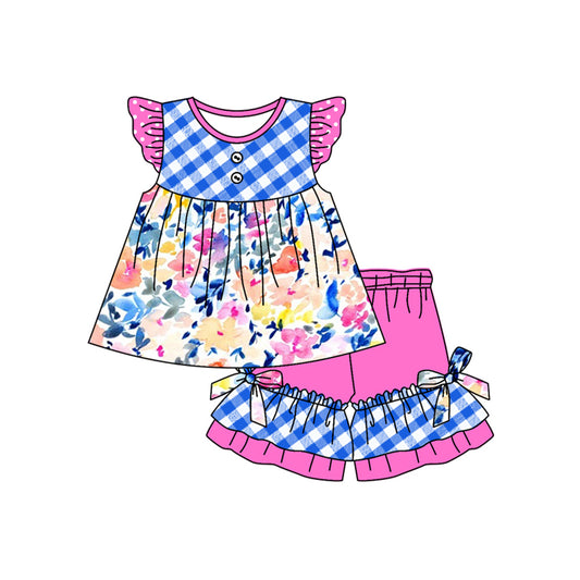 (Pre-order)GSSO1559 Flowers Tunic Top Hotpink Shorts Girls Summer Clothes Set