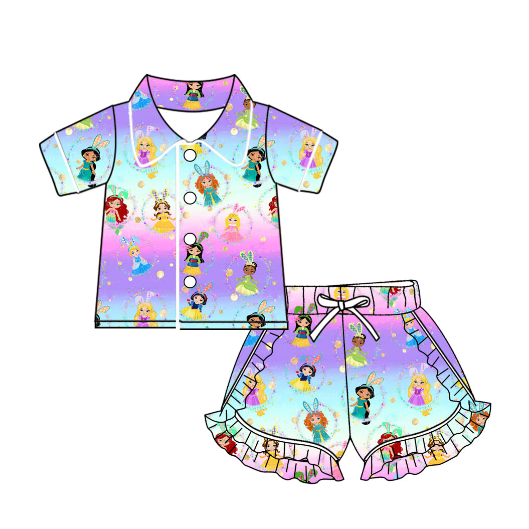 (Pre-order)GSSO1560 Cartoon Princess Tie-dye Print Girls Easter Pajamas Clothes Set