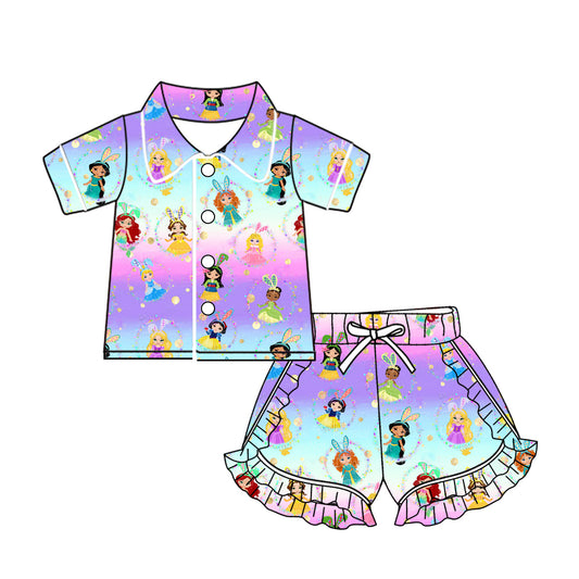(Pre-order)GSSO1560 Cartoon Princess Tie-dye Print Girls Easter Pajamas Clothes Set