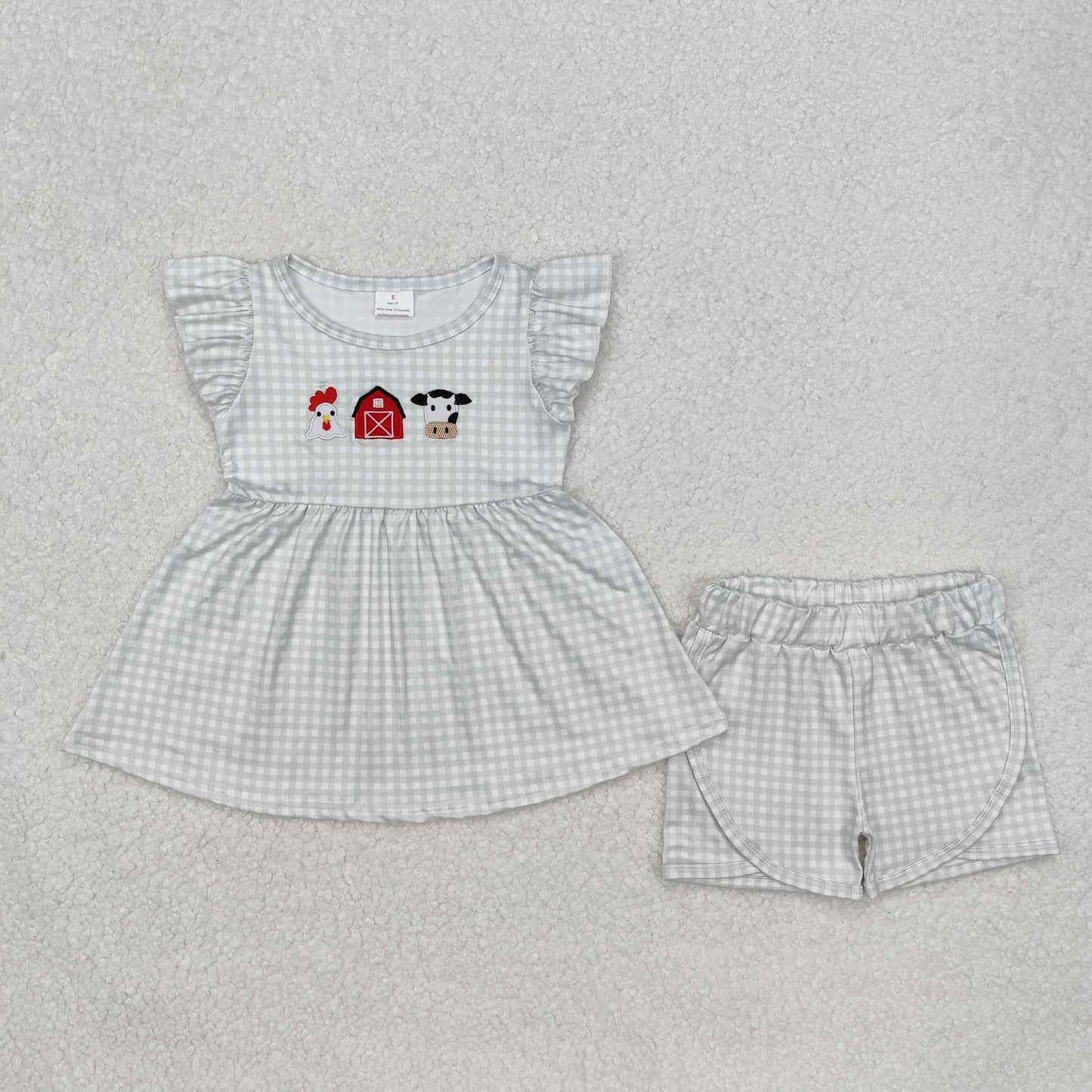 Chicken Cow Farm Embroidery Plaid Print Sibling Summer Matching Clothes