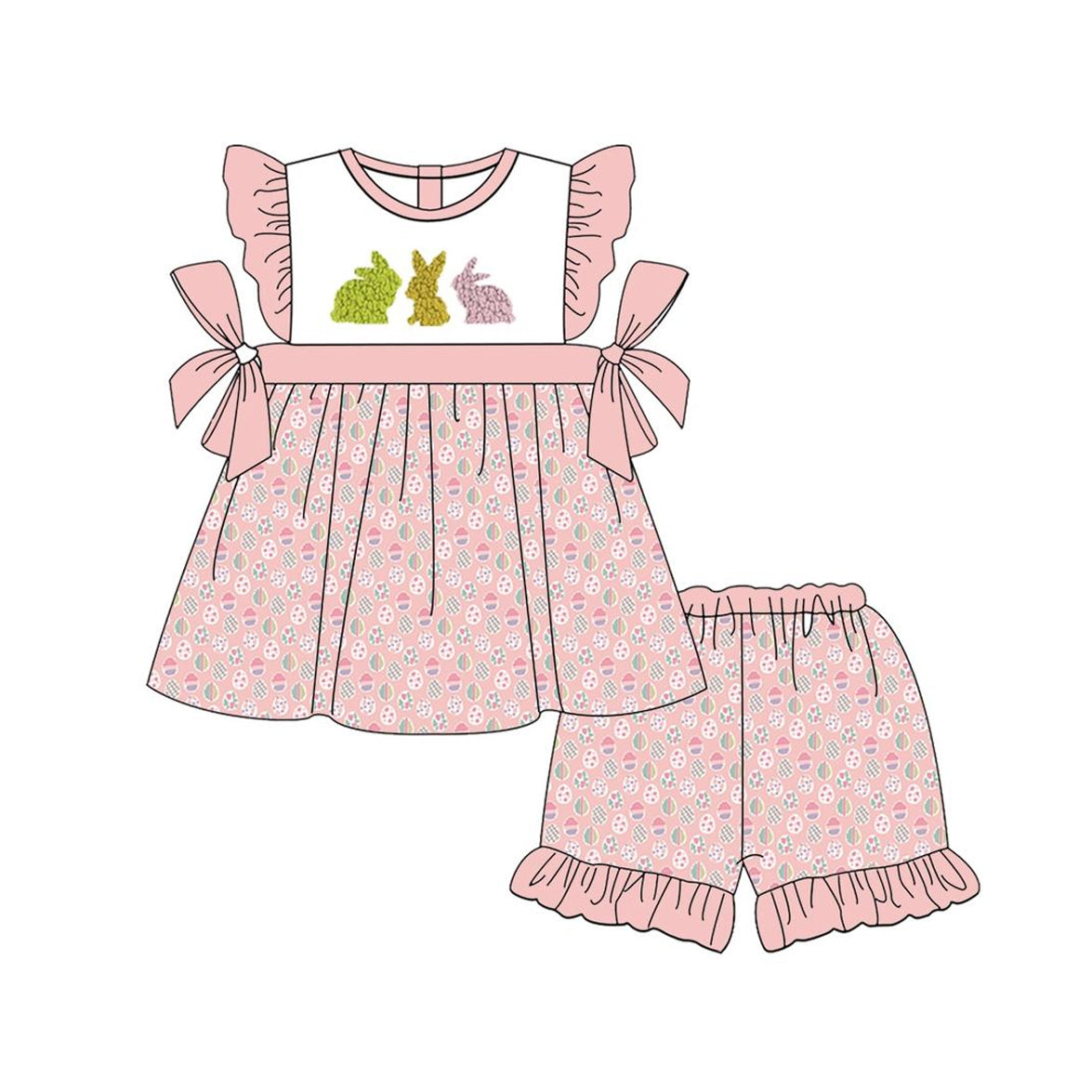 (Pre-order)GSSO1571 Bunny Tunic Top Eggs Shorts Girls Easter Clothes Set