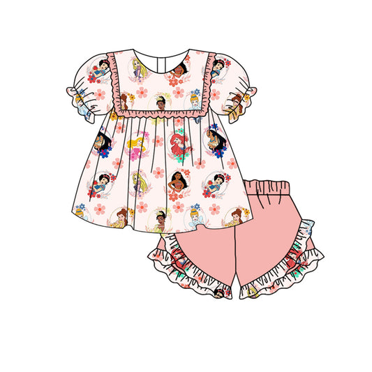 (Pre-order)GSSO1573 Cartoon Princess Flowers Tunic Top Pink Shorts Girls Summer Clothes Set