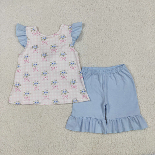 GSSO1577 Flowers Bows Top Blue Shorts Girls Summer Clothes Set