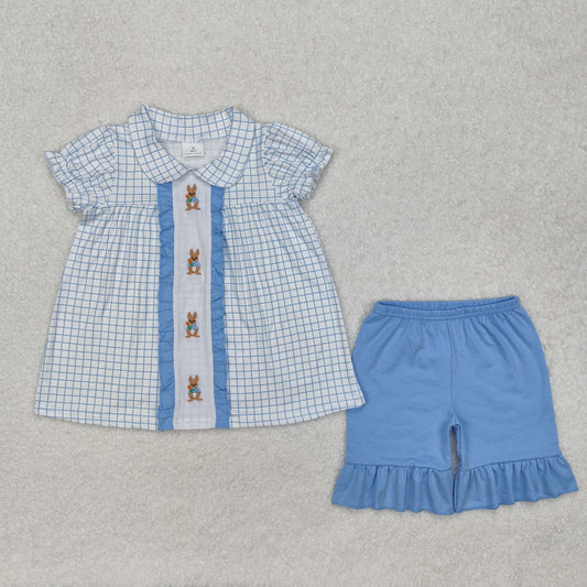 GSSO1583 Bunny Embroidery Plaid Tunic Top Blue Shorts Girls Easter Clothes Set