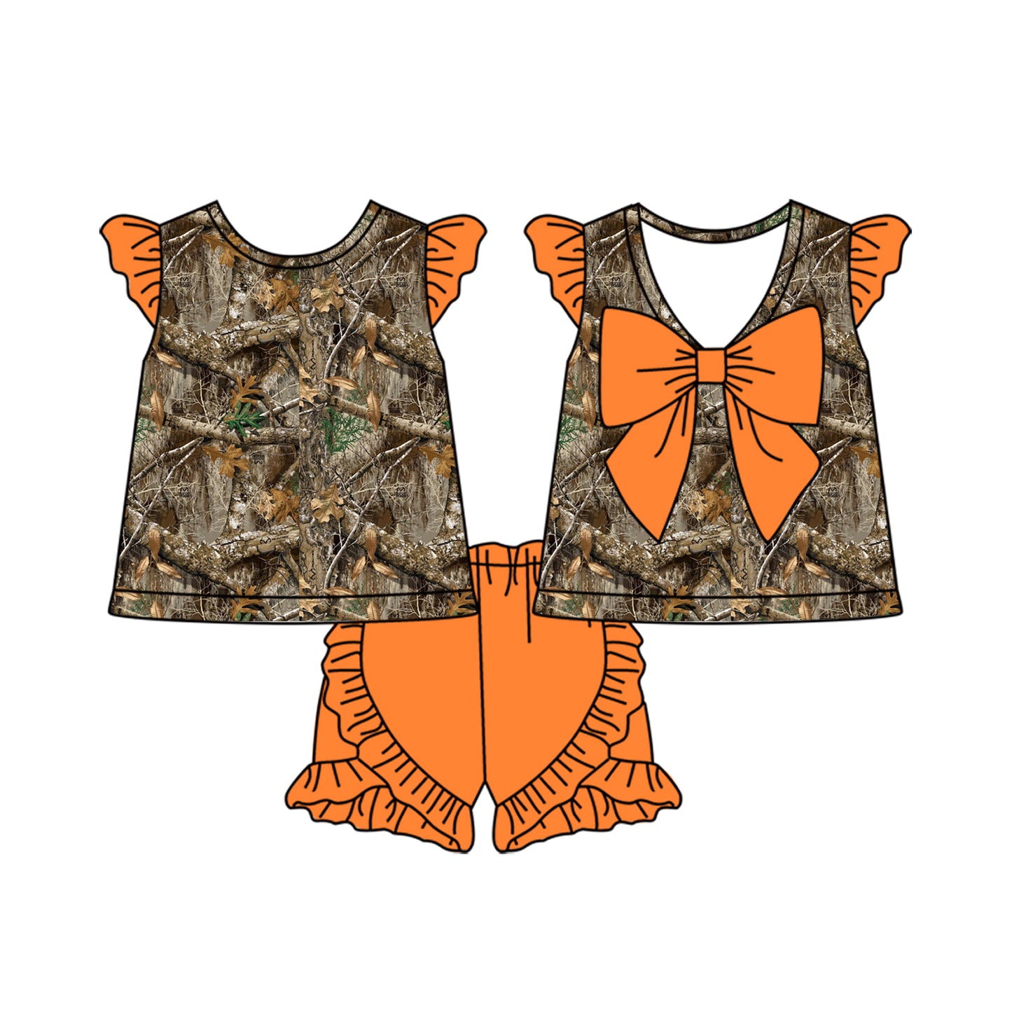 (Pre-order)GSSO1584 Branch Camo Bow Top Orange Shorts Girls Summer Clothes Set