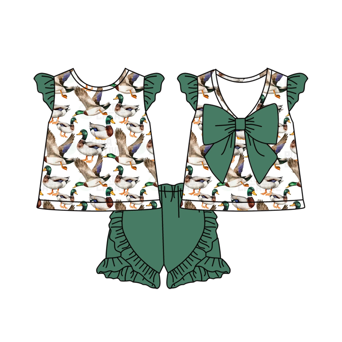(Pre-order)GSSO1585 Duck Bow Top Green Shorts Girls Summer Clothes Set