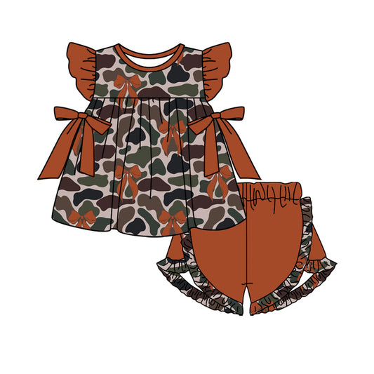 (Pre-order)GSSO1594 Camo Bows Tunic Top Brown Shorts Girls Summer Clothes Set