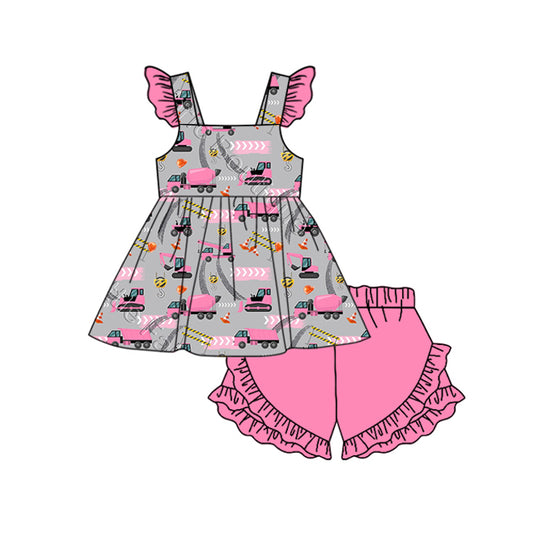 (Pre-order)GSSO1598 Construction Heart Tunic Top Pink Shorts Girls Valentine's Day Clothes Set