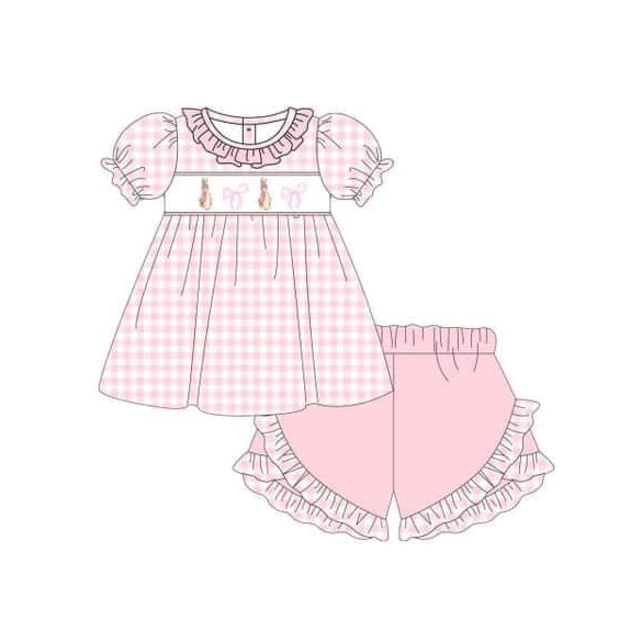 (Pre-order)GSSO1600 Bunny Plaid Tunic Top Pink Shorts Girls Easter Clothes Set