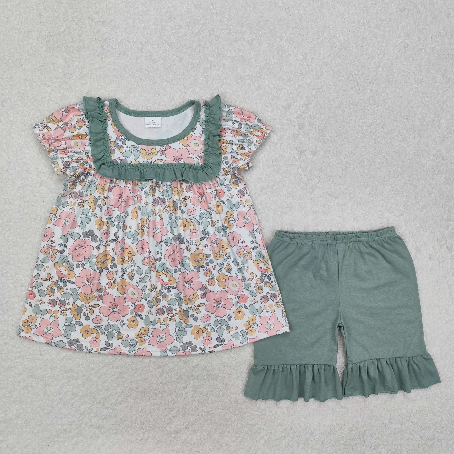 GSSO1607 Flowers Tunic Top Green Shorts Girls Summer Clothes Set