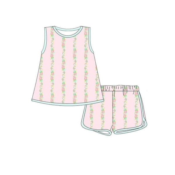 (Pre-order)GSSO1609 Flowers Pink Shorts Girls Summer Clothes Set