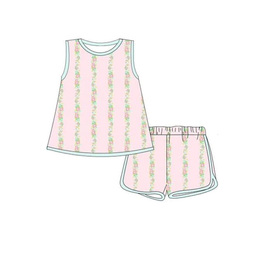(Pre-order)GSSO1609 Flowers Pink Shorts Girls Summer Clothes Set