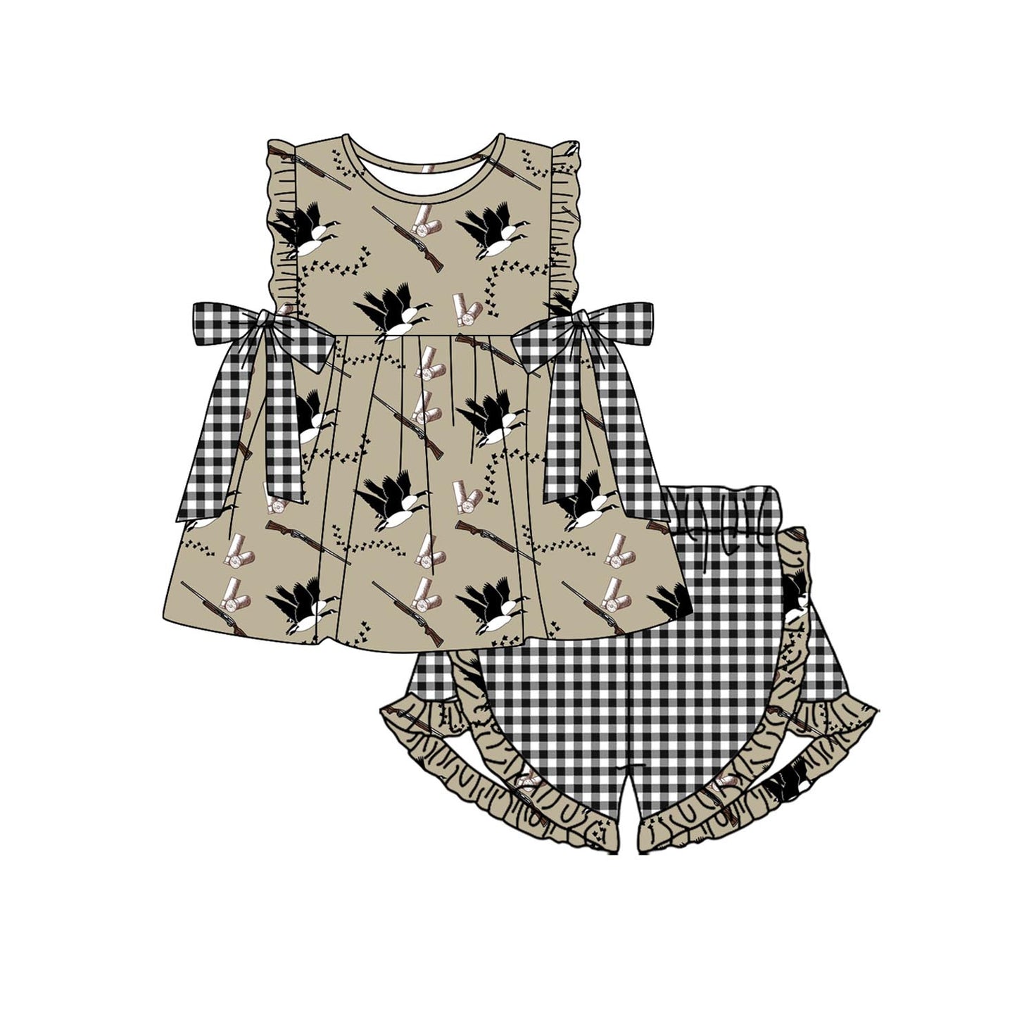 (Pre-order)GSSO1612 Duck Call Hunting Tunic Top Plaid Shorts Girls Summer Clothes Set