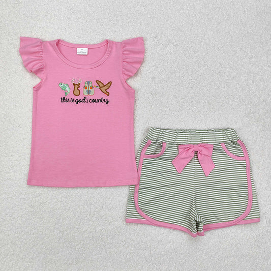 GSSO1614 Fish Deer Duck Embroidery Pink Top Stripes Shorts Girls Summer Clothes Set