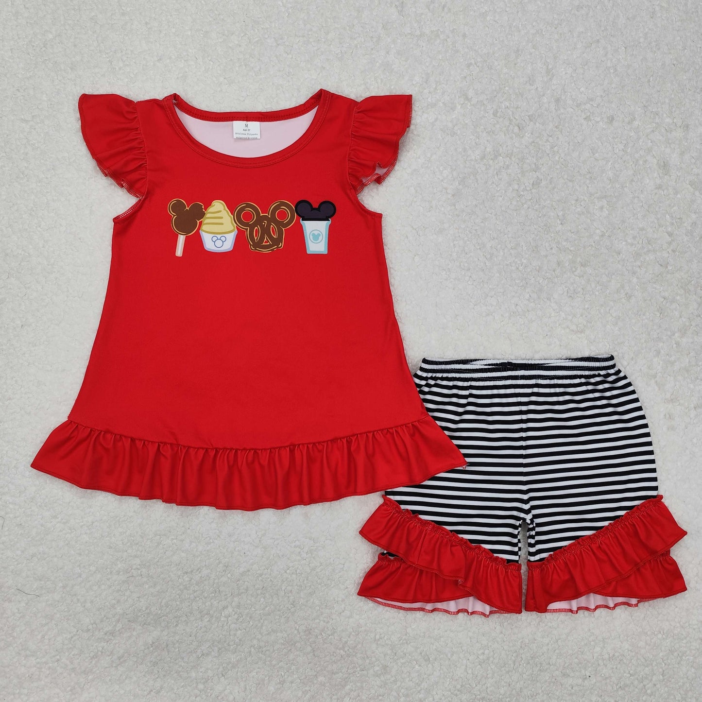 GSSO1616 Cartoon Mouse Cake Red Tunic Top Stripes Shorts Girls Summer Clothes Set