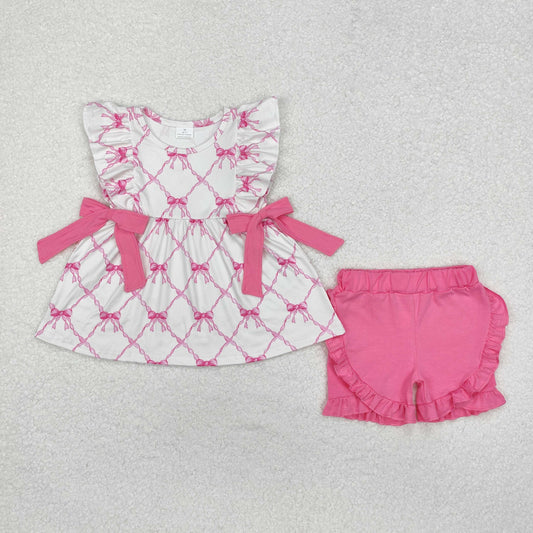 GSSO1620 Pink Bows Tunic Top Hotpink Shorts Girls Summer Clothes Set