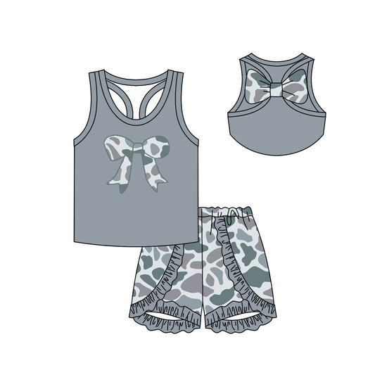 (Pre-order)GSSO1623 Grey Bow Vest Top Camo Shorts Girls Summer Clothes Set