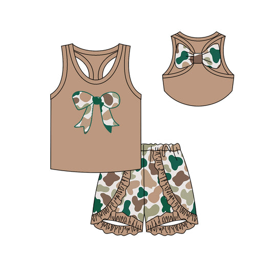 (Pre-order)GSSO1626 Khaki Bow Vest Top Camo Shorts Girls Summer Clothes Set