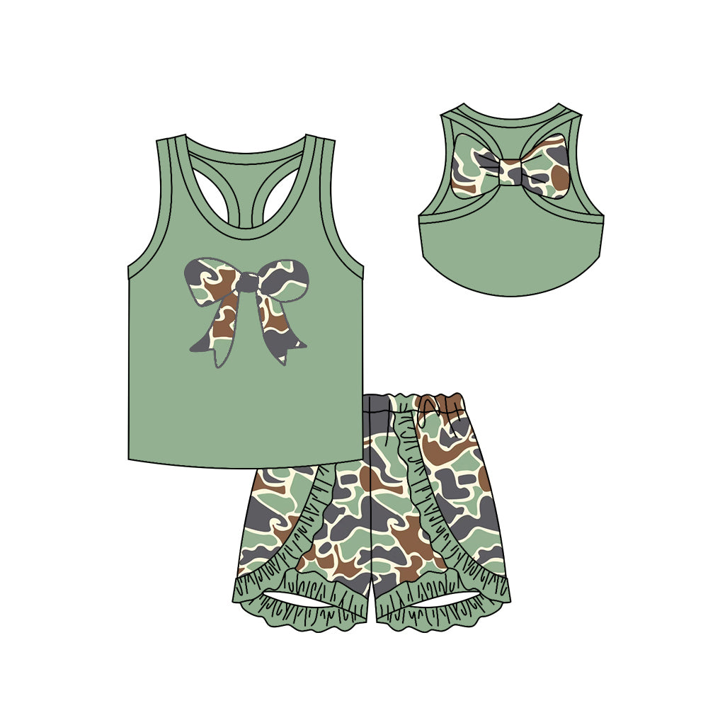 (Pre-order)GSSO1630 Green Bow Vest Top Camo Shorts Girls Summer Clothes Set